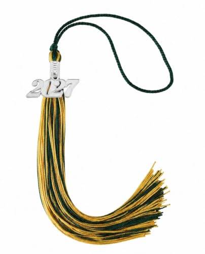 Image of Graduation Tassel 2027 for Grad Cap,Forest Green and Gold Tassel with Silver Charm
