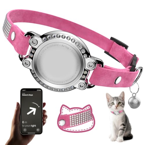 Image of AirTag Cat Collar Breakaway, Rhinestone Collars with Air Tag Holder, Pink