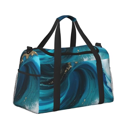 Turquoise Blue Gold Marble Print Foldable Carry On Tote Large Capacity Hand Carry Bag for Airplane Weekend Getaways3