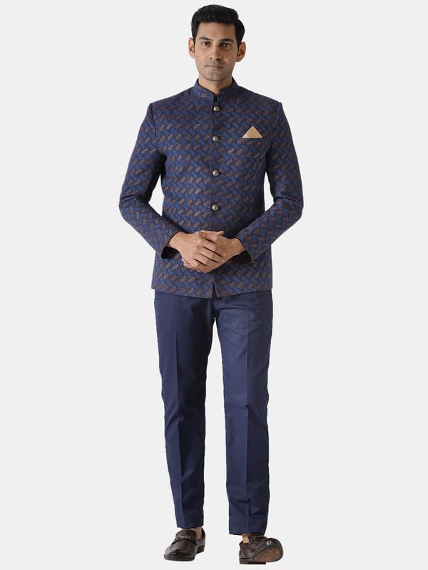 Image of KISAH Men's Sherwani, Indo-Western Blue Cotton Blend, Printed Regular Fit Mandarin Collar Long Sleeves