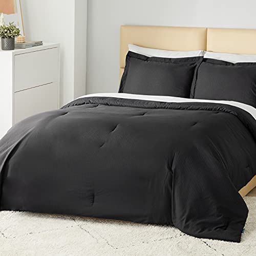 Bedsure Black Comforter Set Queen Size Bed - Bedding Comforter Sets Queen Bed Set, Striped Queen Size Comforter Sets 3 Piece, 1 Comforter and 2 Pillow Shams