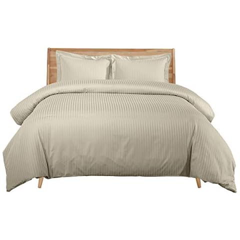 sheetsnthings Damask Striped 600-Thread-Count, 100-Percent Cotton 3PC King-California King Duvet Cover Set with Buttons Enclosure, Beige Cover