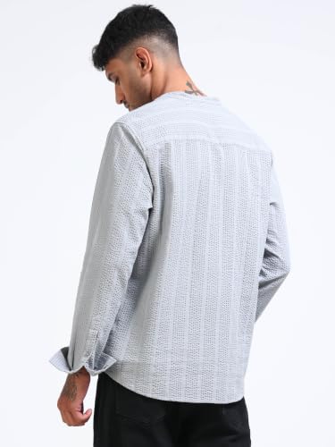 Image of StitchX Men's Seersucker Band Collar Pure Cotton Striped Kurta Shirt-S-2XL