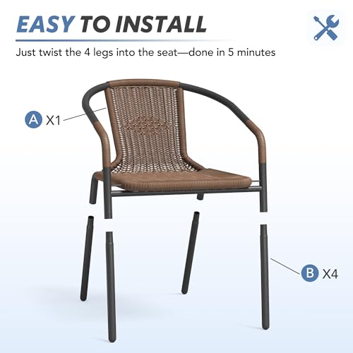 Image of UDPATIO Rattan Patio Dining Chairs Set of 4, Wicker Stackable Outdoor Chairs with All Weather Curved Back & Metal Frame, for Indoor Restaurant Porch Deck, Brown