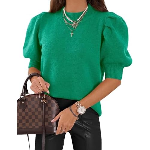 Women Puff Short Sleeve Sweater Summer Trendy Crewneck Pullover Knit Shirts Business Casual Outfit