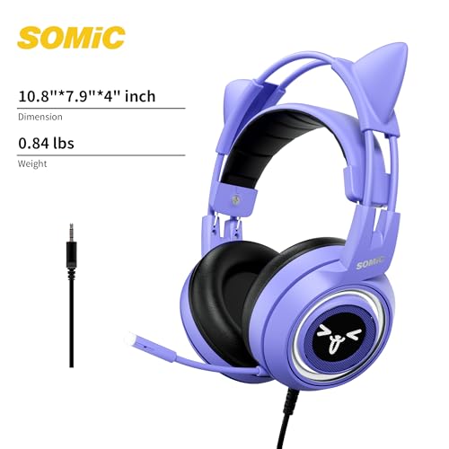 Somic G951S-PURPLE Purple Stereo Gaming Headset With Mic For Ps4, Ps5, Xbox One, Pc, Phone, Detachable Cat Ear 3.5Mm Noise Reduction Headphones Computer Gaming Headphone Self-Adjusting Gamer Headsets thumb #7