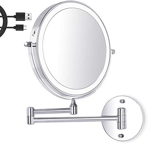 Amelar 8 Inch Wall Mounted Makeup Mirror USB Rechargeable LED 3 Color Lights Two Sided 1X/10X Magnifying Mirror Touch Switch Intelligent Shutdown 360° Swivel Vanity Mirror for Bathroom Hotel(Silver)