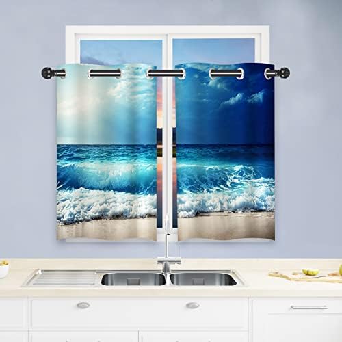 ANHOPE Beach Curtains, Ocean Tropical Summer Hawaiian Blue Sea Waves Scenery Print Pattern Waterproof Grommet Window Drapes for Bedroom Kitchen Bathroom Window Small Closet Cafe 2 Panels W27.5 x L39