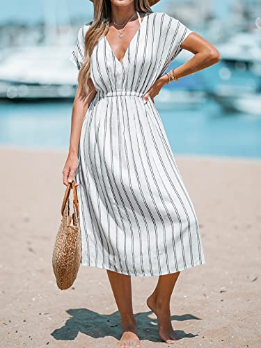 CUPSHE Women's Midi Beach Cover Up Dress V Neck Short Sleeve Striped Bathing Suit Coverups XS-XXL White, M - Image 5