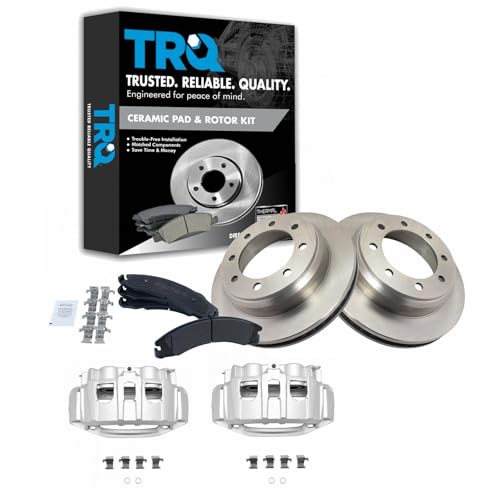 Image of TRQ Rear Brake Pad, Caliper, & Rotor Kit Semi-Metallic Compatible with 2008-2014 Ford E-150 E-250 2008-2019 E-350 Super Duty