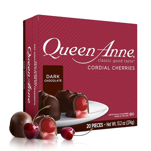 Queen Anne Dark Chocolate Covered Cordial Cherries | 13.2 oz | 20 Piece Gift Box | Whole Maraschino Cherry Creamy Filled Liquid Center | Holiday Party Chocolate Candy