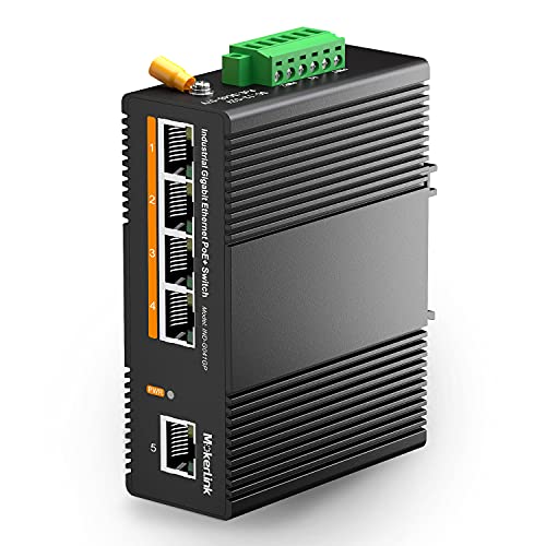 Image of MokerLink 5 Port PoE Gigabit Industrial DIN-Rail Ethernet Switch, 14Gbps Switching Capacity, IP40 Rated Network Switch (-40 to 185F), with UL Power Supply