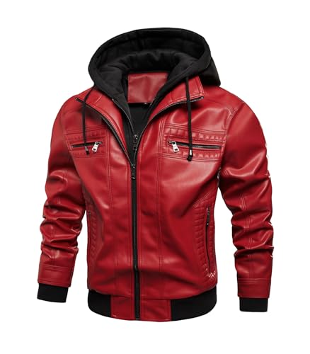 Image of INVACHI Men's Faux Leather Motorcycle Bomber Jacket with Removable Hood
