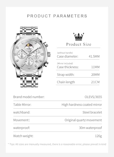 Image of OLEVS Chronograph Watches for Men Original Analog Quartz Black Stainless Steel Chain Luxury Dual Time Zone Moon Phase Date Waterproof Men's Wrist Watch