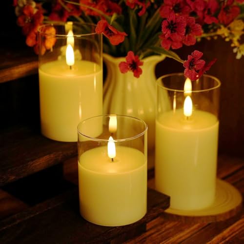 Image of Flameless Candles in Glass with Remote | Flashing LED Pillar Real Wax Fake Candle With Timer, Battery Operated For Wedding Home Decorations - 3Pack