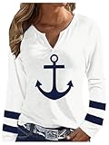 WDIRARA Women's Anchor Graphic T Shirts Striped Notched Neck Long Sleeve Tee Tops White Large