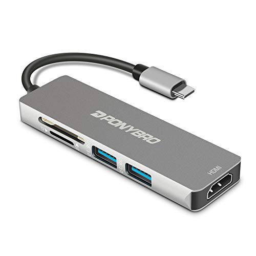 PONYBRO USB C Hub Adapter,5-in-1 USB C Dongle 4K HDMI Adapter,SD/TF Card Reader,2 USB 3.0 Ports for MacBook/Pro/Air/iMac/iPad Pro/Chromebook/Pixelbook/XPS and Type C Laptops
