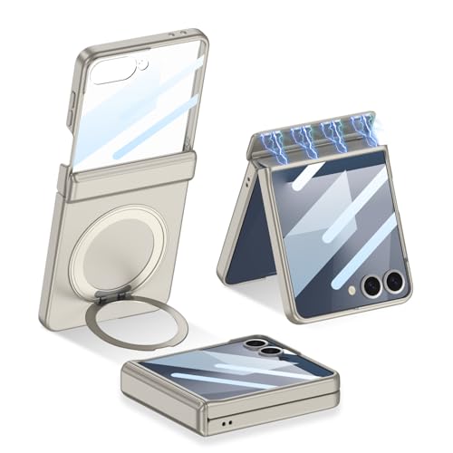 Image of for Samsung Galaxy Z Flip 7 Case with 360 Bracket Ring Holder Magnetic Hinge Protection & Built-in Front Screen Protector, Slim Texture Shockproof Case.(TGrey)