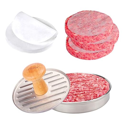 Mepple Burger Press with Non-Stick 100 Patty Papers, Hamburger Press Patty Maker with Wooden Handle, Burger Mold for Hamburger Meat Veggie BBQ, Barbecue Grilling Accessories and Kitchen Tool, 5” Dia