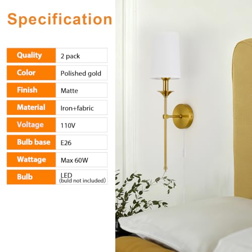 Image of PASSICA DECOR 2 Pack Plug in Wall Sconces Set of 2, Gold for Bedroom Vintage