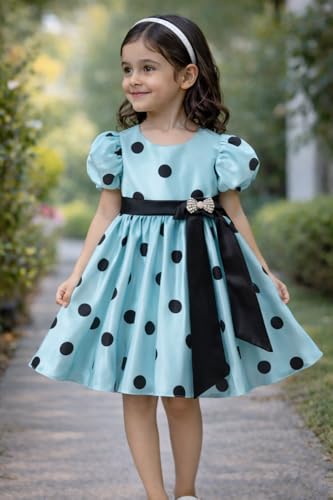 Image of Buy & Try Girls Satin Polka Dot Printed Frock & Dress, Knee Length Puff Sleeve Dress with Zipper Closure
