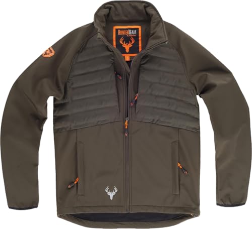 WORKTEAM Chaqueta Softshell de Caza y Outdoor, Tejido Acolchado y Manga Ranglan, Interior Polar, Cortavientos Transpirable, Cremalleras Invertidas y Cordón Ajustable en Bajo Unisex Verde Caza-XL