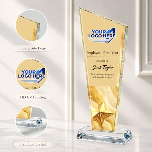 Image of Custom Crystal Trophy Award Personalized Plaque Award with Text Logo Photo Awards Trophies for Employee Recognition Team Graduation Personalized Office Gifts for Boss Coworker Teacher