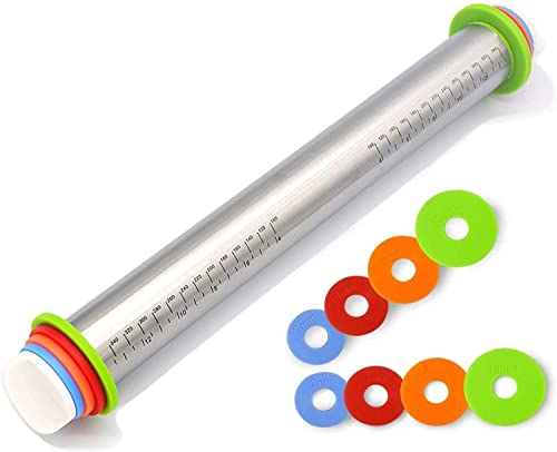 Image of DARKKI Adjustable Rolling Pin with 4 Thickness Rings, Stainless Steel Dough Roller