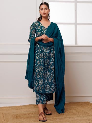 Image of GoSriKi Women's Cotton Blend Anarkali Printed Kurta with Pant & Dupatta