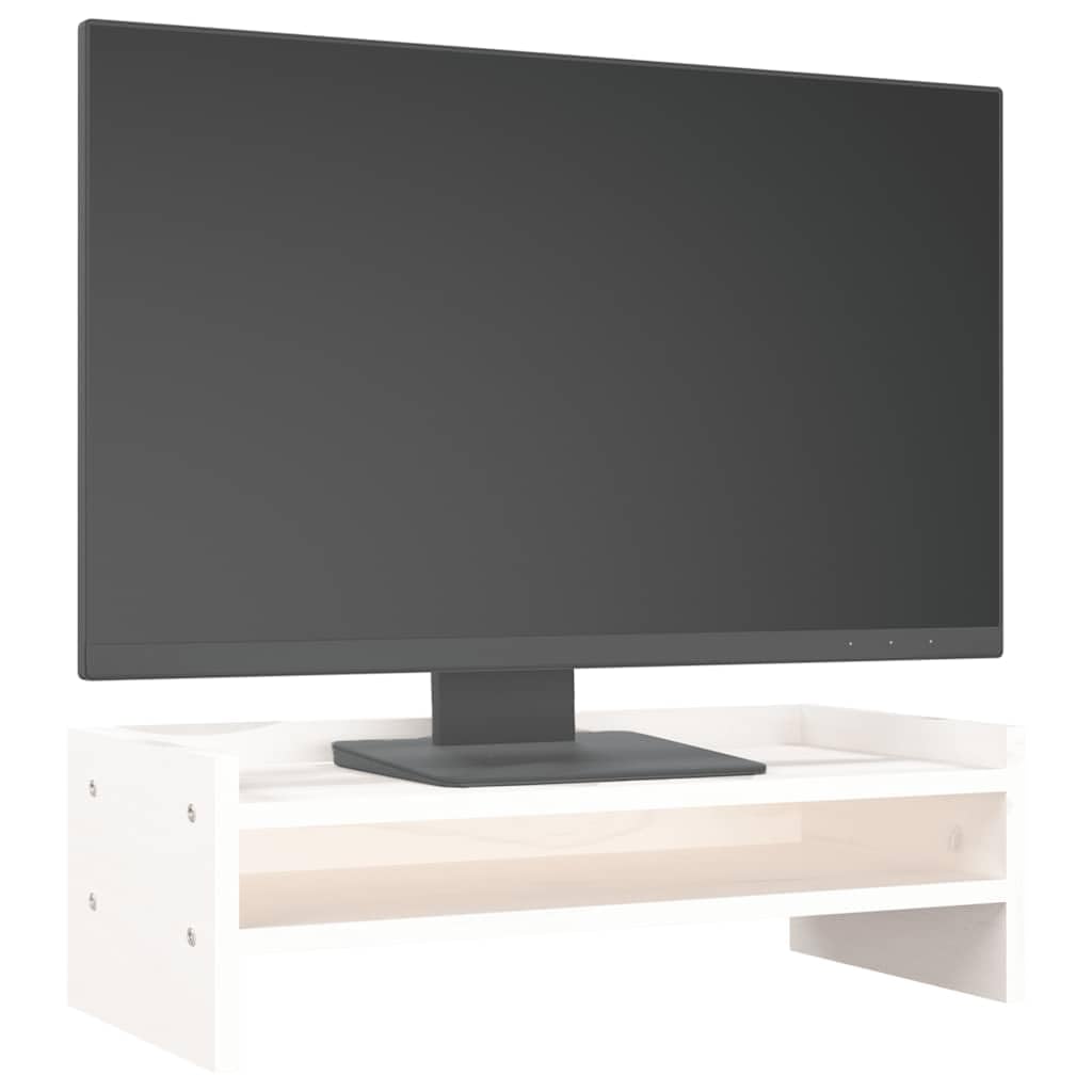 Supporto per monitor bianco in legno di pino massiccio, 50 x 24 x 16 cm, supporto da scrivania con ripiano per monitor, supporto per laptop, ripiano per tastiera, ufficio e home office