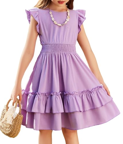Arshiner Mädchen Kleider Flatterärmel Kinder Sommer Baumwolle Festliche Kleid A-Linie Taille Einschnüren Freizeitkleid Swingkleid Elegant ärmelloses Kleid für Mädchen 7-8 Jahre Lila