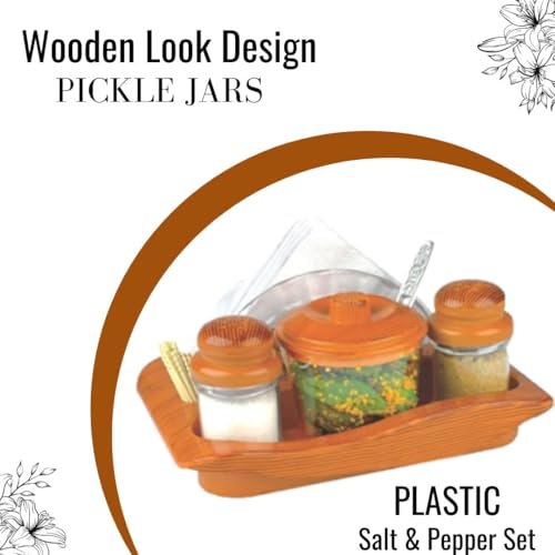 Image of Nabhya Complete Dining Table Set of Pickle Jars, Salt and Pepper Dispenser, Toothpick Holder and Spoon Holder(Wooden Look Design, Plastic) (Origano)