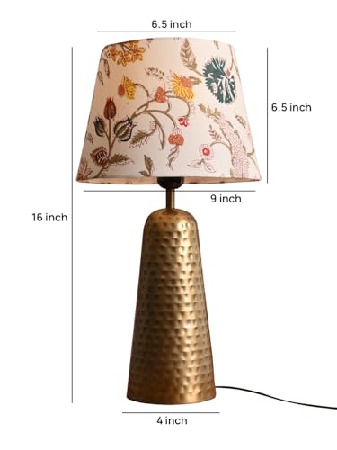 Image of Green Girgit Golden Hammered V-Shaped Lamp with Multicolor Taper White Shade, Decorative Table Lamp with Hammered Metal Base, Floral Pattern Fabric Shade, Antique Brass Finish (LED Bulb Included)