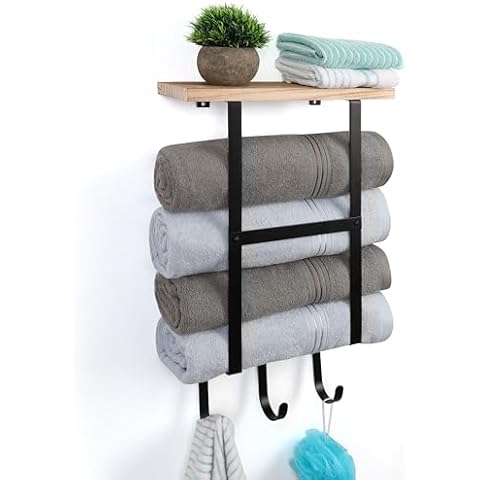 Belle Vous Wall-Mounted Towel Rack with Shelf and 3 Hooks - W13.5 x H21 Inches - Wooden Storage Shelf with Black Metal Bars for Towels - Folded/Rolled Towel Organizer Holder for Bathroom Cover