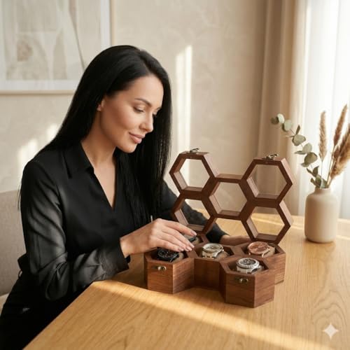 Image of Wooden Watch Box With Honeycomb Design, 5 Compartment Dustproof Storage Case, Handmade Gift Box For Men & Women, Golden Brown Finish, Unique Luxury Watch Organizer