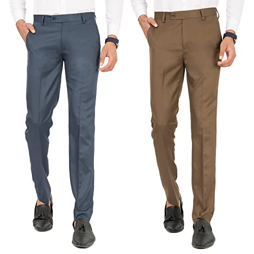 Image of Slim Fit Men Blue & Brown Trousers Pant Combo Sets | Men's Formal Pants for Office use