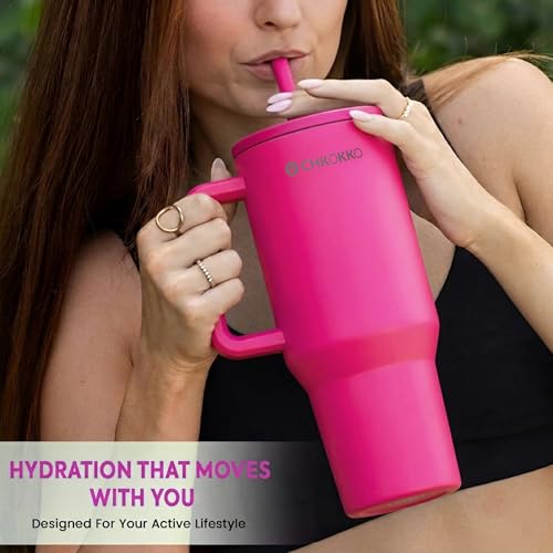 Image of CHKOKKO Stainless Steel Tumbler with Straw & Side Handle 1200ML Leak-Proof Travel Mug | Hot and Cold Double Insulated 1.2L Premium Water Bottle for Travel Gym & Office Use