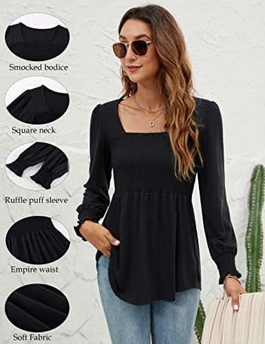 LOMON Blouses for Women Puff Long Sleeve Shirts Square Neck Casual Smocked Tunic Tops 2024 Spring Fall Winter Clothes S-XL2