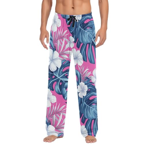 Mens Pajama Pants Tropical Palm Leaves Flower Pink Soft Lounge Sleep Pj Bottoms with Drawstring Pockets2