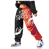 Xmiral Halloween Hose Mit Totenkopf-Print Für Damen Farb-Patchwork Harem Hosen Elastisch Yoga Jogginghosen (Gelb, S)