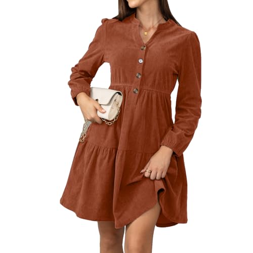 Alaster Queen Damen Herbstkleid Herbst Winter Kleid Langarm Volant Blusenkleid Damen Strickkleid Mit Taschen V-Ausschnitt Knielang Kleid Festlich...