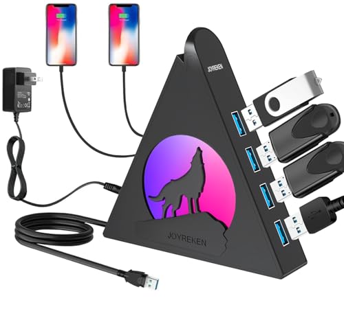 Powered USB Hub 3.0, 6-Port(4 USB 3.0 Data Ports + 2 USB Smart Charging Port) with RGB Night Light,Powered hubs with 12V/4A Power Adapter for PC, Laptop, Flash Drives,Keyborad, Mouse