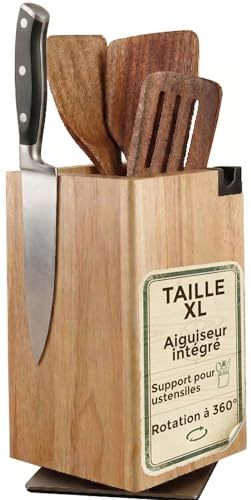 Porte Couteaux Magnétique Cuisine rotatif XL avec Aiguiseur Bloc Couteaux Magnetique en Bois Porte Couteaux Aimanté Robuste et Élégant Range Couteaux...