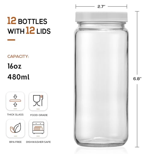 Image of 12 PACK, 16 OZ Glass Juice Bottles with Airtight Lids, Bonus 2 Straws & Perforated Lids, Reusable Juicer, Juicing Bottles - Clear Drinking Jars Cups, Water Bottle, Travel Juice Container, White Caps