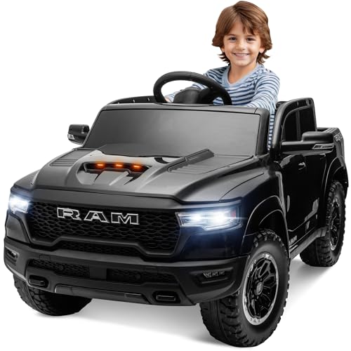 ENYOPRO Licensed Ram 1500 Ride On Truck, 12V Electric Car for Kids & Toddlers, Ride On Car with Remote Control, Key Start, Bluetooth, 2 Speeds, Working Headlights, Truck Bed Storage (Black)