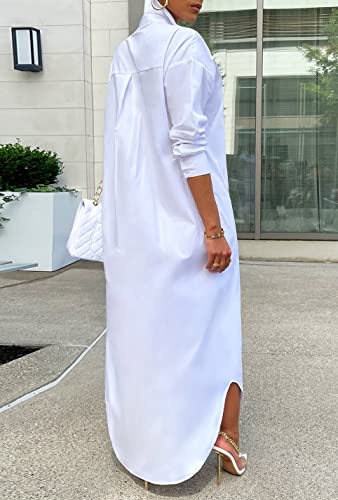 Choichic Shirt Dresses for Women Casual Long Sleeve Collared Solid Color Loose Button Down T Shirts Dress Plus Size Maxi Dresses Medium White