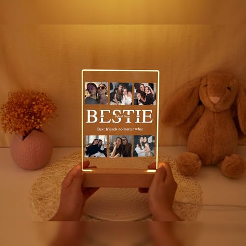 Image of Friendship Day Custom Photo Collage LED Lamp, Personalised Acrylic Night Light for Best Friends, Warm White, Wooden Base, Touch Control, Modern Style (Bestie 3)