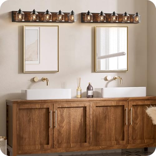 Image of 5-Light Bathroom Fixture, 39.8 inch Large Farmhouse Vanity Light, E26 Base (Bulbs Not Included), Thickened Glass Shade, for Bathroom, Bedroom, Vanity, Hallway, Rustic Brown and Black F21BD05