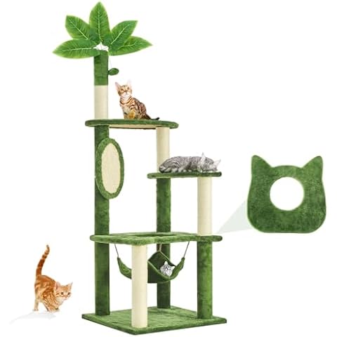 TSCOMON 61" Large Cat Tree Tower for Indoor Cats with DIY Green Leaves Scratching Post Multi Soft Hang Ball Plush Cat House Furniture 360° Rotating Cat Scratch Board with Hammock, Green Cover