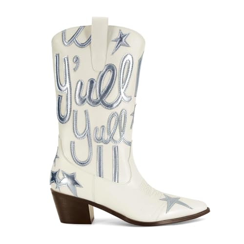 Image of Women's Mid Calf Western Cowboy Boots Pull On Cowgirl Boots with Fashion Star Embroidery Letter Pointed Toe Chunky Heel